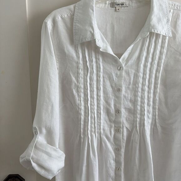 EUC Tyler Boe white 100% Linen Tunic Roll Tab Sleeve Sz 4 small - Picture 9 of 11